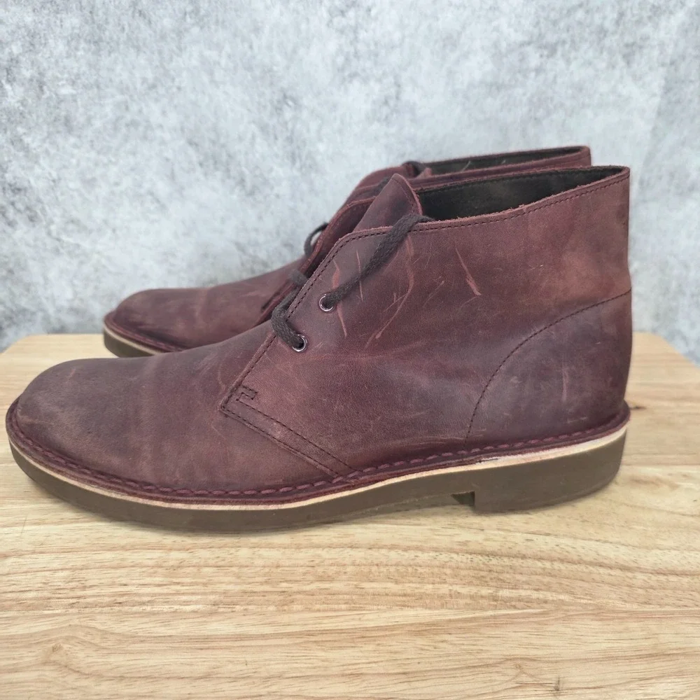 Clarks Bushacre 2 Boots Mens 10‎ Leather Chukka Aubergine Wine Ankle Lace Up